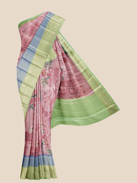 

Kalamandir Pink & Green Floral Print Silk Blend Banarasi Saree