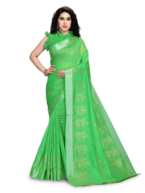 

KALINI Green & Gold-Coloured Ethnic Motifs Block Print Saree