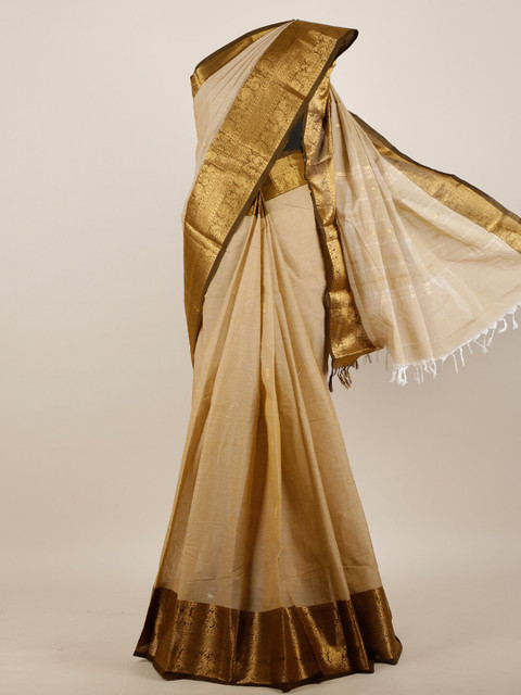 

Pothys Cream-Coloured & Brown Zari Pure Cotton Saree