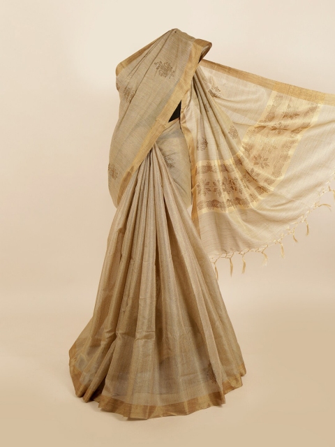 

Pothys Camel Brown & Gold-Toned Embellished Beads and Stones Jute Cotton Saree