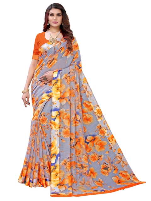

KALINI Orange & Blue Floral Printed Pure Linen Saree