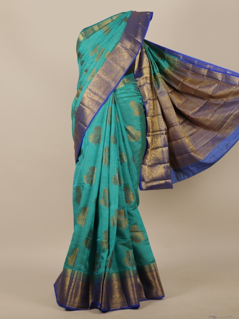 

Pothys Turquoise Blue & Blue Ethnic Motifs Zari Jute Silk Saree