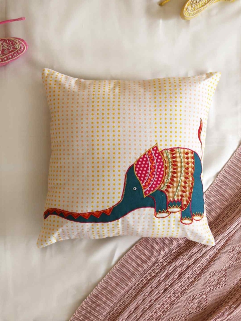 

Amoliconcepts White & Yellow Embroidered Square Cotton Cushion Cover