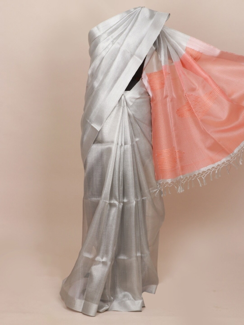 

Pothys Silver-Toned & Peach-Coloured Zari Tissue Saree