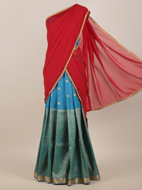 

Pothys Red & Blue Ethnic Motifs Zari Half and Half Saree