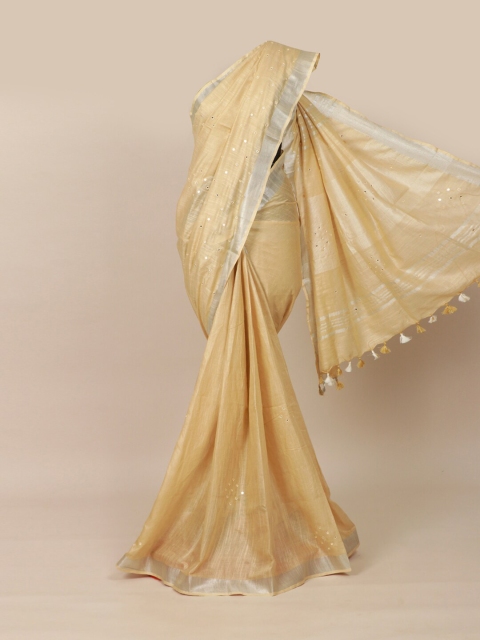 

Pothys Cream-Coloured & White Mirror Work Linen Blend Saree