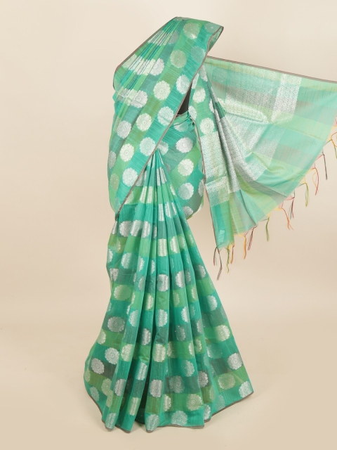 

Pothys Women Green & Silver Cotton Blend Woven Designed saree
