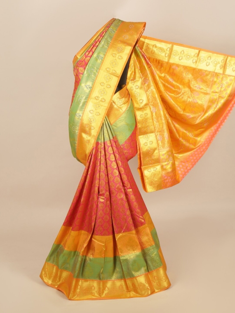 

Pothys Pink & Green Woven Design Zari Silk Blend Saree With Embroidered Blouse Piece