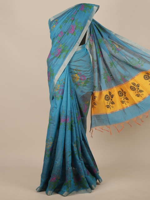 

Pothys Turquoise Blue & Pink Floral Zari Cotton Blend Saree