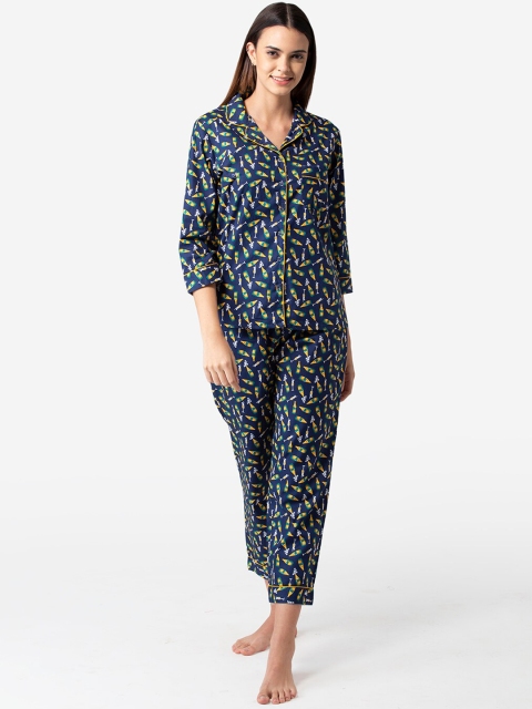 

Bellofox Women Navy Blue & Yellow Conversational Printed Night suit