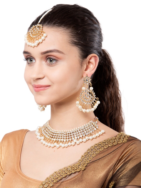 

Shining Diva Gold-Plated White Kundan-Studded Beaded Jewellery Set