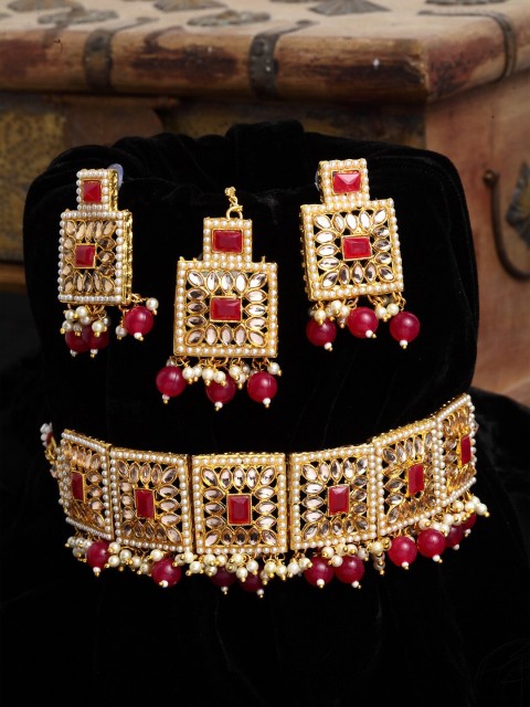 

Shining Diva Gold-Plated White & Pink Kundan Studded Choker Jewellery Set