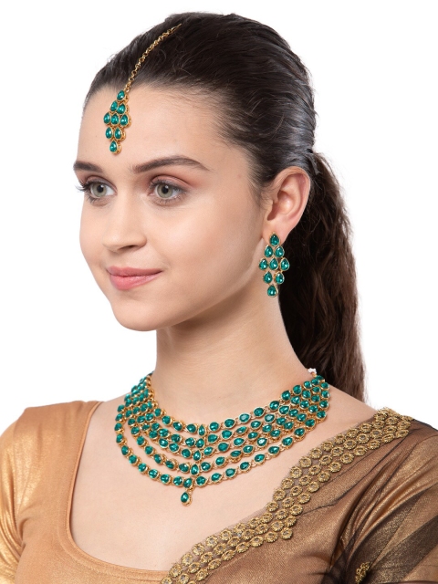 

Shining Diva Gold-Plated Teal Green Crystal-Studded Layered Jewellery Set