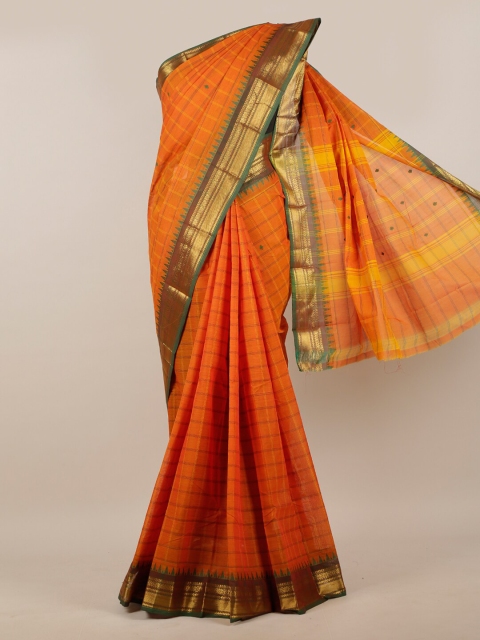 

Pothys Orange & Green Checked Pure Cotton Saree