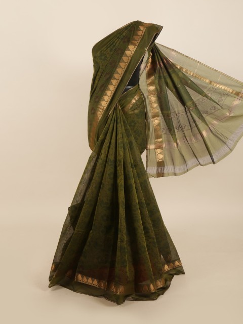 

Pothys Green & Brown Floral Zari Silk Cotton Saree