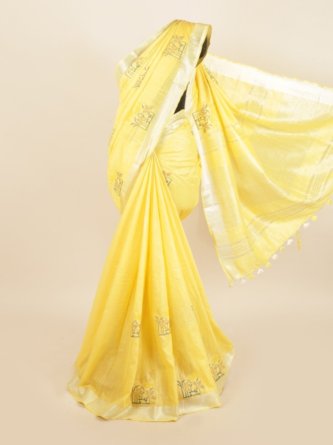 

Pothys Yellow & Silver-Toned Floral Linen Blend Saree