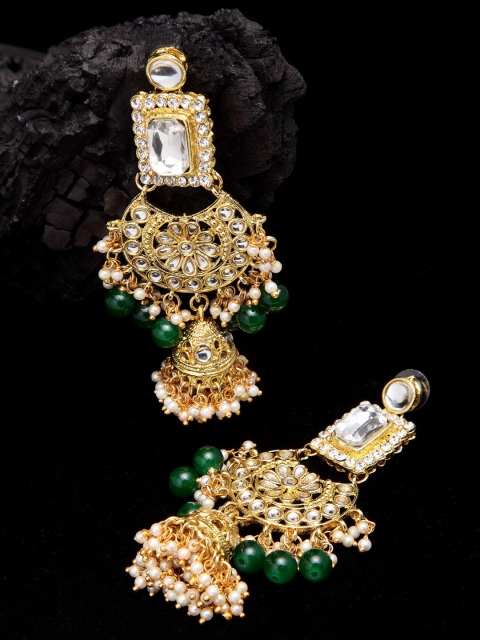 

Shining Diva Green & Gold-Toned Crescent Shaped Jhumkas Earrings