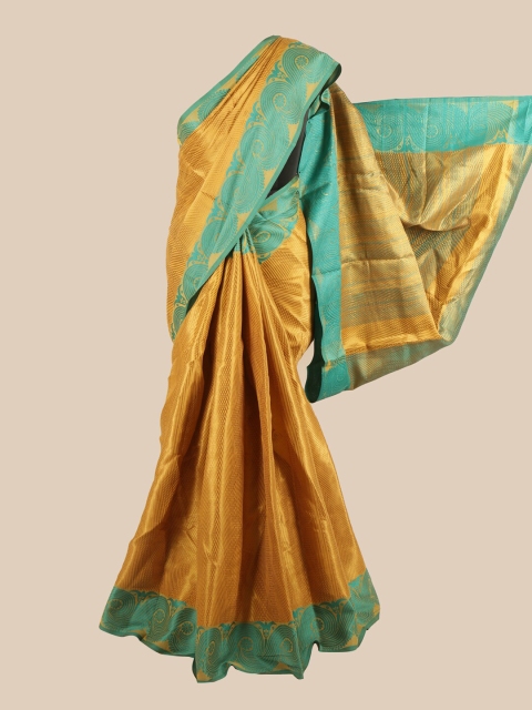 

Pothys Women Mustard Yellow & Tuirquoise Blue Woven Design Cotton Blend Saree