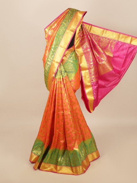 

Pothys Orange & Green Ethnic Motifs Zari Saree