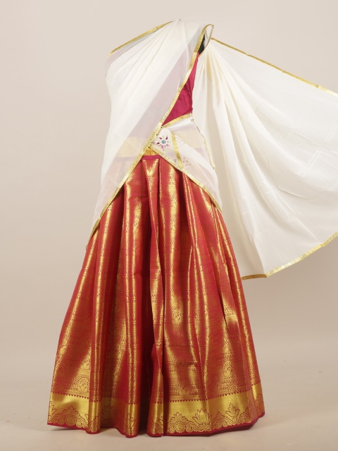 

Pothys White & Red Woven Design Zari Lehenga Saree