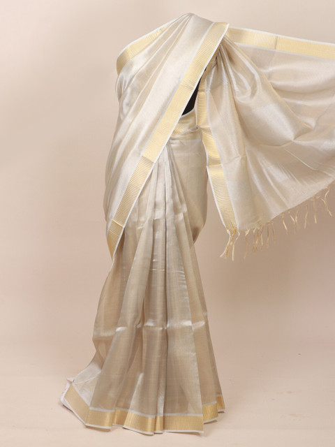 

Pothys Silver-Toned & Gold-Toned Zari Tissue Saree