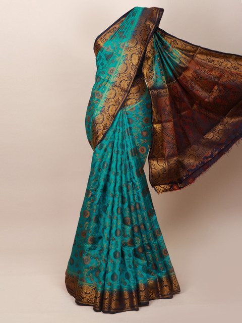 

Pothys Teal Blue & Gold-Toned Floral Zari Art Silk Saree
