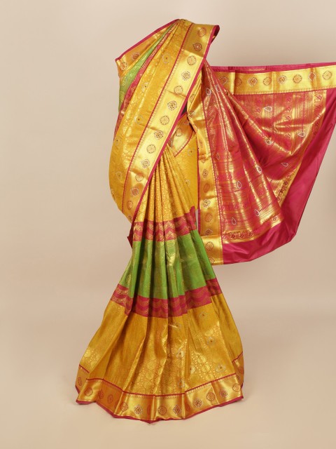 

Pothys Mustard & Green Silk Blend Woven Designed saree