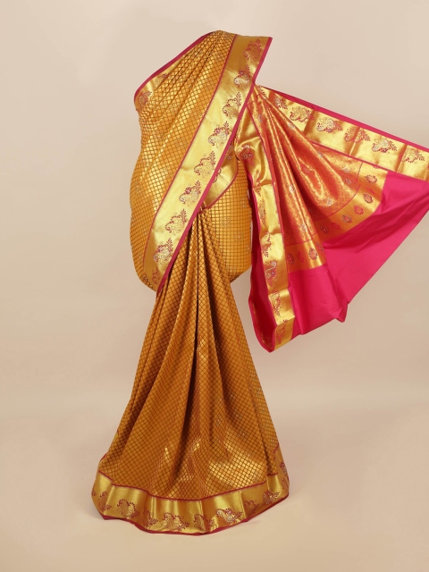 

Pothys Gold-Toned & Pink Woven Design Zari Silk Blend Saree