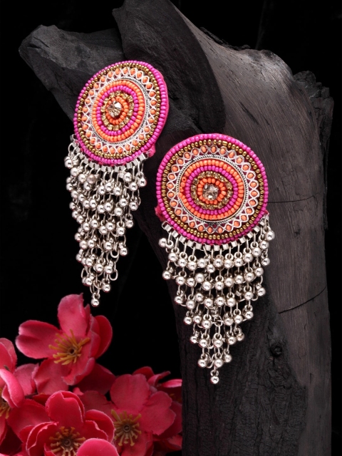 

Moedbuille Pink & Silver-Toned Circular Drop Earrings