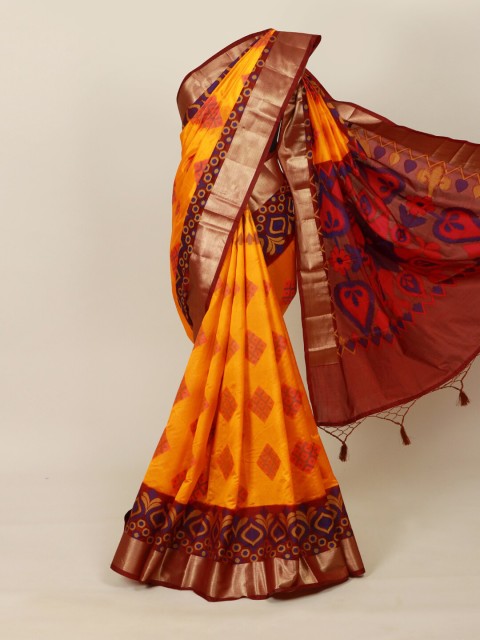 

Pothys Yellow & Maroon Zari Silk Blend Saree