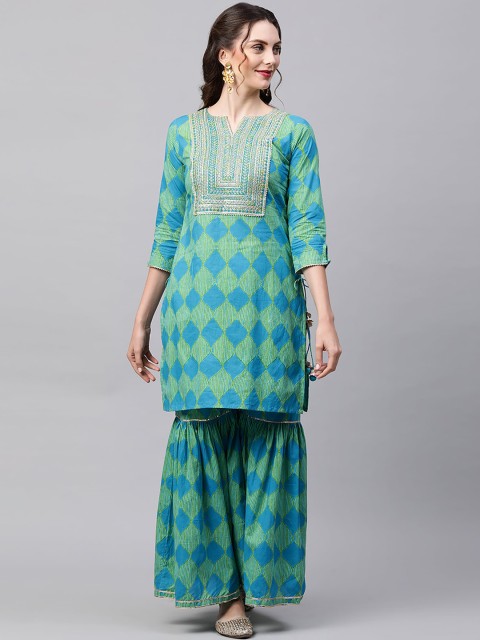 

Indo Era Women Green Printed Pure Cotton Kurta with Sharara