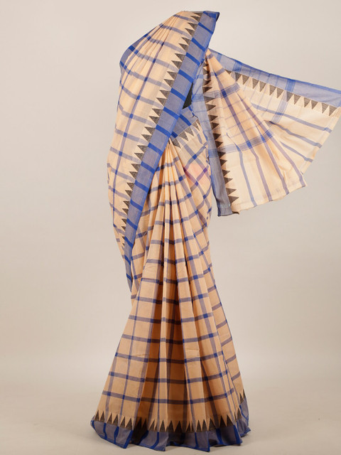 

Pothys Peach-Coloured & Blue Checked Pure Cotton Saree
