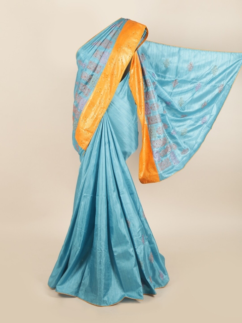 

Pothys Blue & Orange Embellished Brasso Printed Border Jute Silk Saree