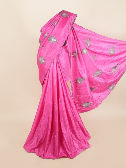 

Pothys Pink & Grey Ethnic Motifs Embroidered Jute Silk Saree