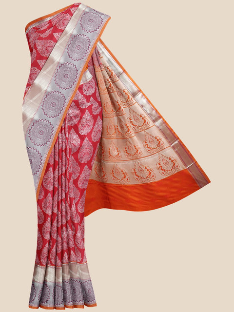 

Kalamandir Red & Silver Ethnic Motifs Zari Silk Blend Kanjeevaram Saree