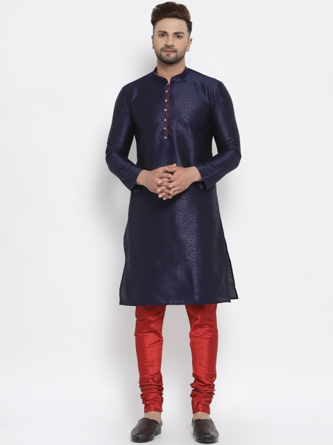 

MAXENCE Men Navy Blue Linen Kurta with Churidar