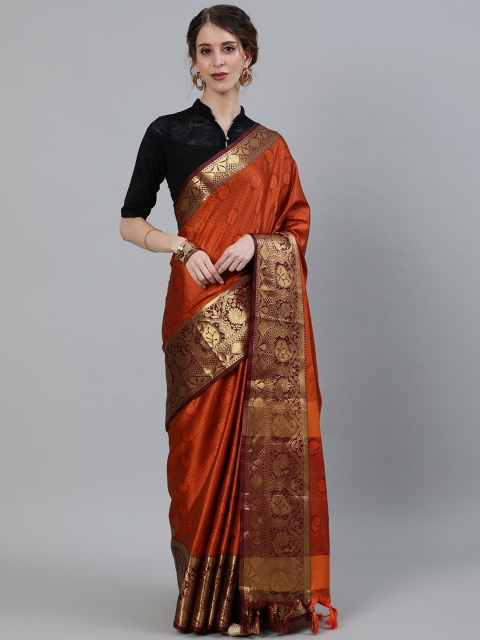 

KALINI Orange & Gold-Toned Woven Design Zari Art Silk Heavy Work Kanjeevaram Saree