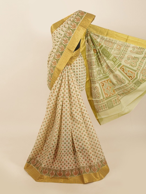 

Pothys Cream-Coloured & Green Ethnic Motifs Saree