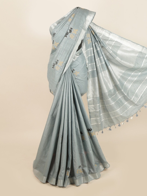 Pothys Grey & Beige Ethnic Motifs Linen Blend Saree