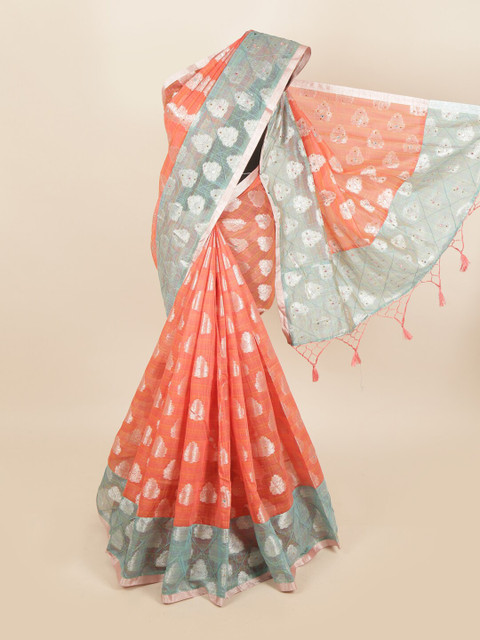 

Pothys Peach-Coloured & Silver-Toned Ethnic Motifs Zari Saree