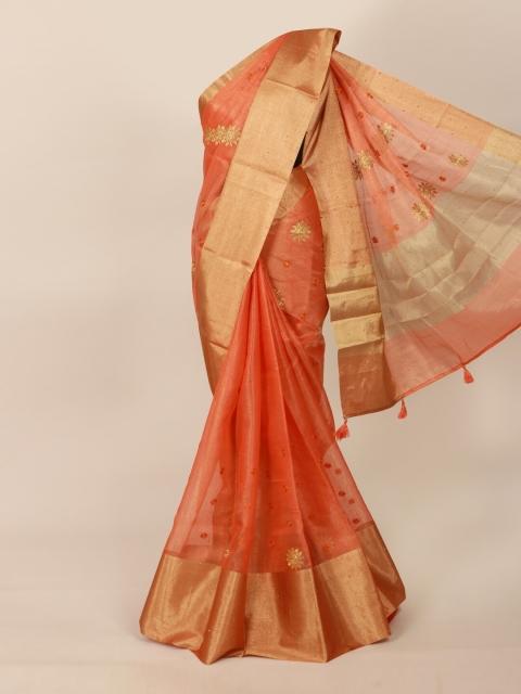 

Pothys Orange & Gold-Toned Embellished Zari Tissue Heavy Work Saree