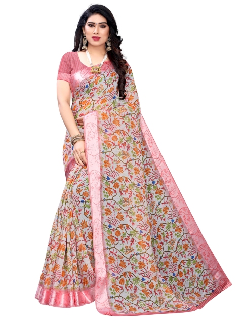 

KALINI Women Pink Pure Linen Floral Printed Saree