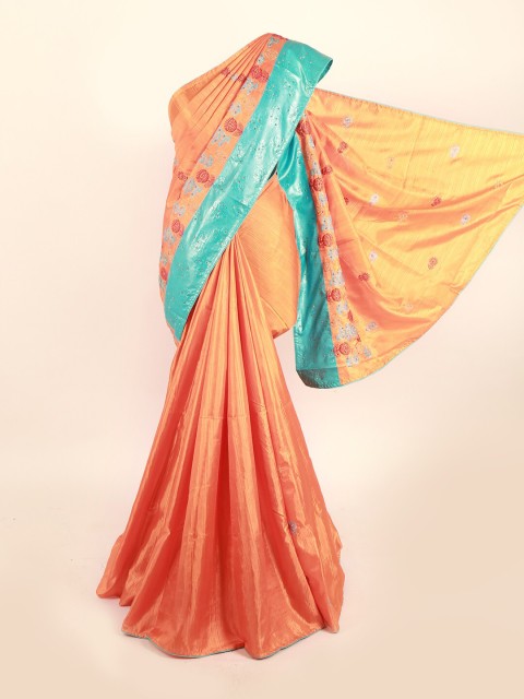 

Pothys Orange & Sea Green Floral Beads and Stones Jute Silk Saree
