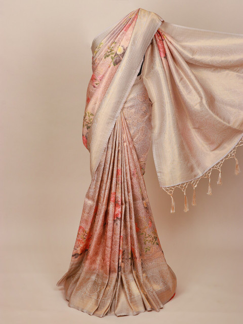 

Pothys Peach-Coloured & Green Floral Zari Art Silk Banarasi Saree