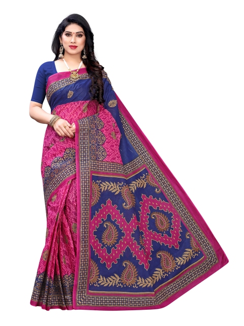 

KALINI Pink & Blue Ethnic Motif Printed Pure Cotton Saree
