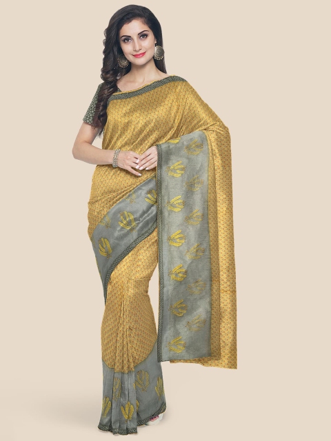

KLM Fashion Mall Yellow & Gold-Toned Floral Embroidered Supernet Saree