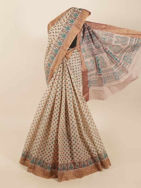 

Pothys Cream-Coloured & Green Ethnic Motifs Saree