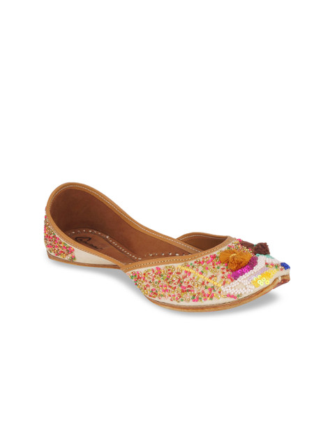 

The Desi Dulhan Women Camel Brown Leather Ethnic Embellished Handcrafted Mojaris Flats