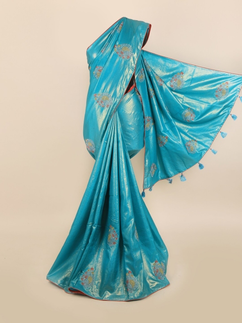 

Pothys Blue & Red Ethnic Motifs Beads and Stones Simmer Silk Embellished Saree