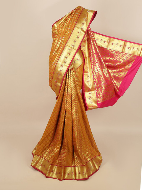 

Pothys Gold-Toned & Pink Ethnic Motifs Zari Silk Blend Saree